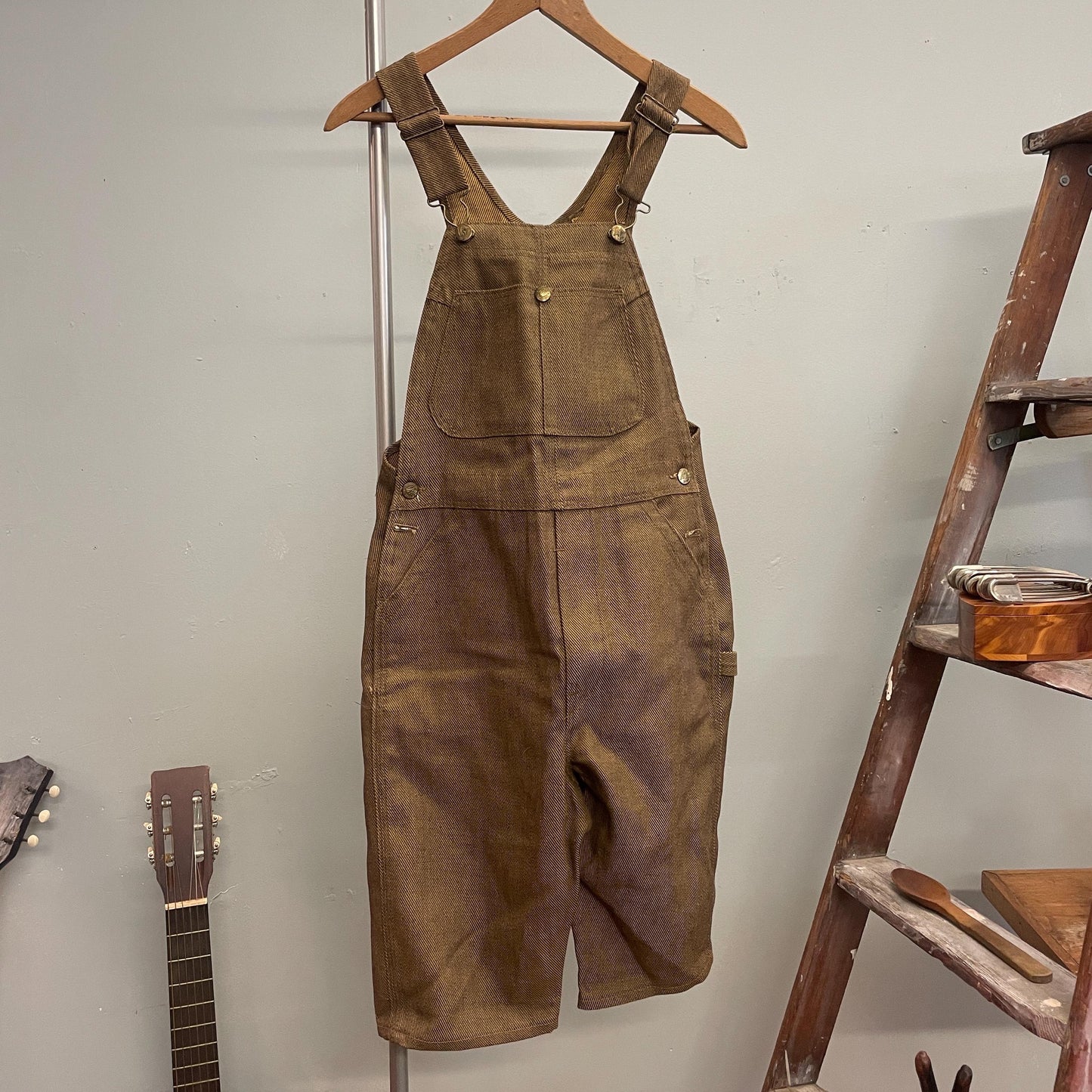 vtg 70s POLLY OVERALL SHORTS // goldish brown petite workwear coveralls jants camo rugged hunter carhartt style retro playsuit romper denim
