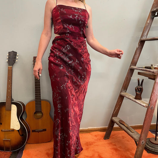 vtg Y2K CUTOUT FORMAL GOWN // burgundy brocade silver tree sparkle trim full length evening gown 90s party dress spaghetti strap slinky tank