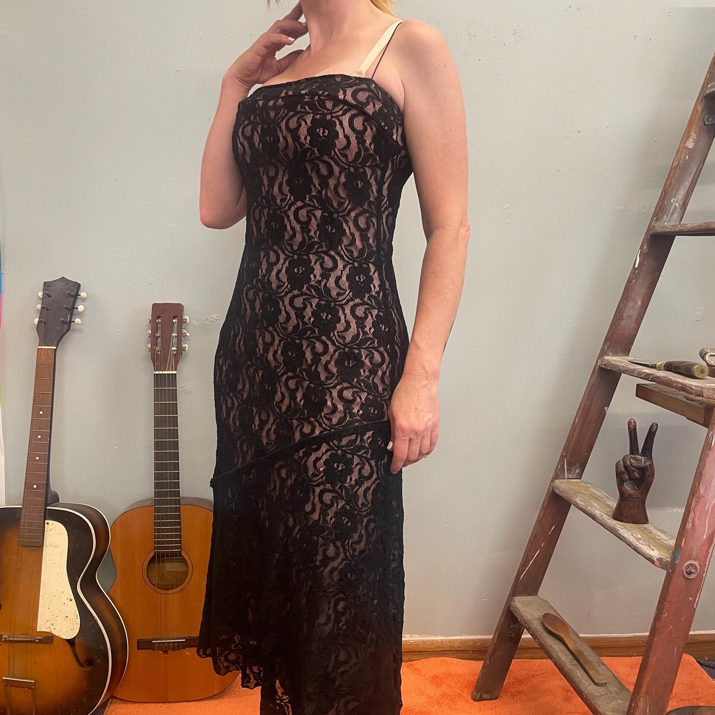 vtg 90s BLACK LACE FORMAL Dress // pink overlay full length formal Y2K slinky tank dress cocktail party 2000's style mesh spaghetti straps