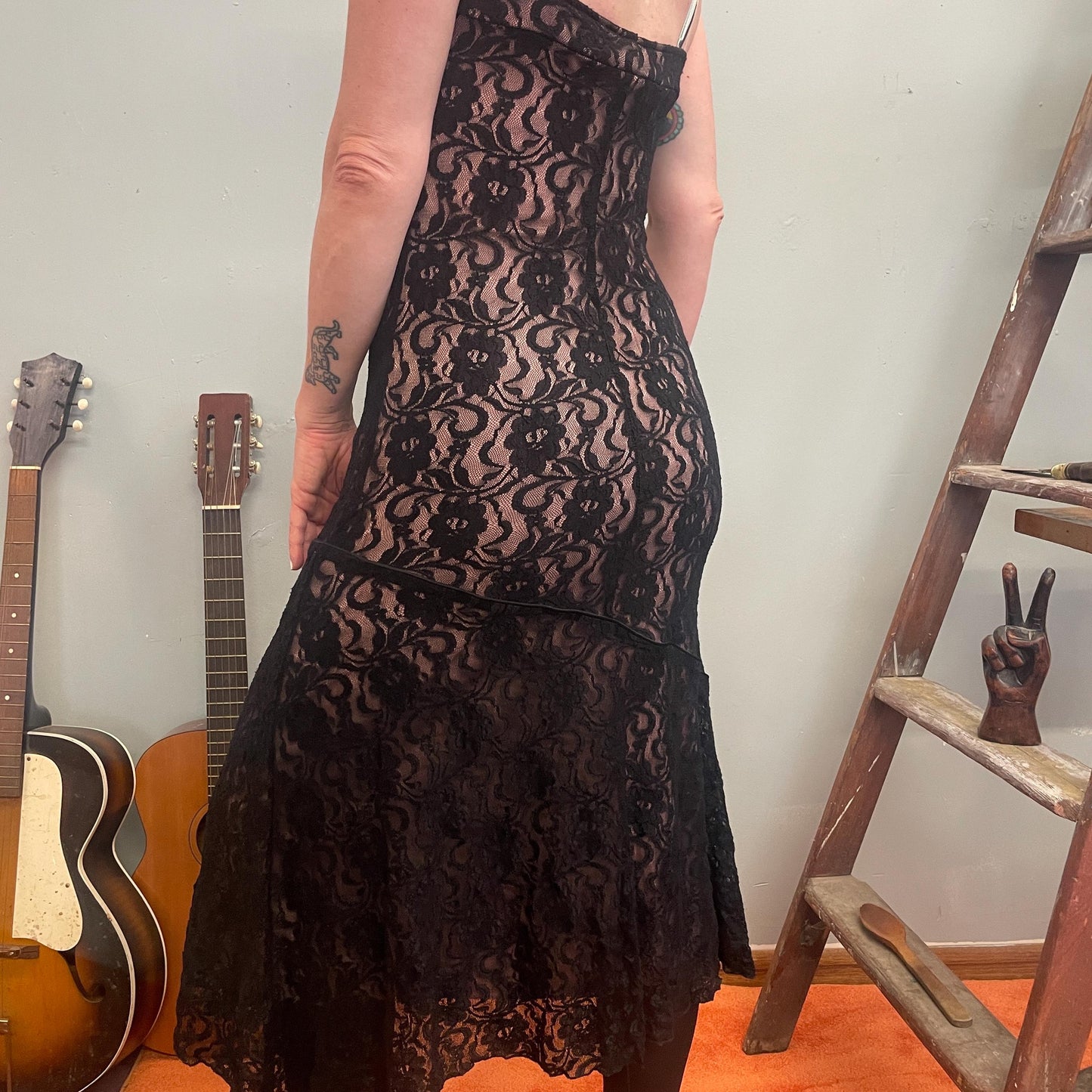 vtg 90s BLACK LACE FORMAL Dress // pink overlay full length formal Y2K slinky tank dress cocktail party 2000's style mesh spaghetti straps