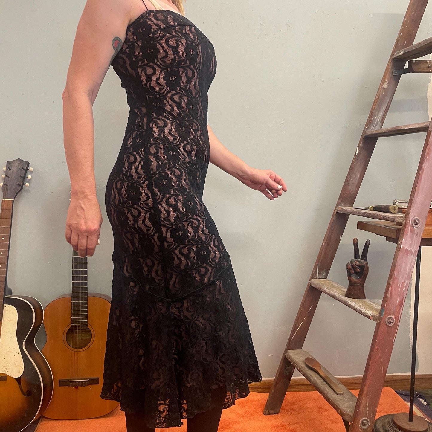 vtg 90s BLACK LACE FORMAL Dress // pink overlay full length formal Y2K slinky tank dress cocktail party 2000's style mesh spaghetti straps