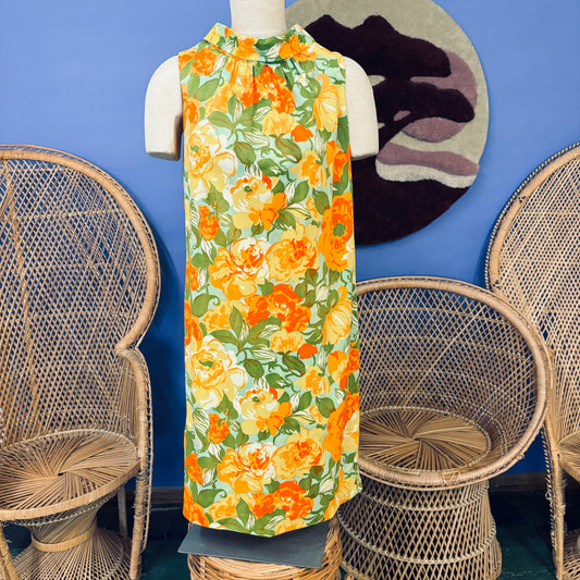 vtg 50s FLORAL DRESS // vintage marigold flower power psychedelic mod slinky jersey mini shift dress sleeveless bright autumn party hostess