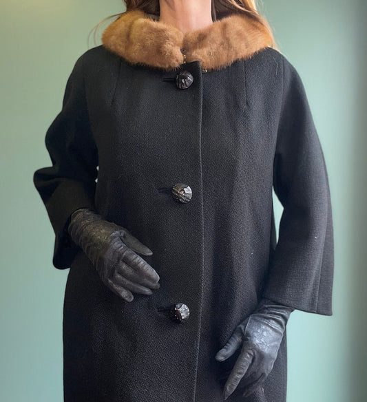 vtg 50s BLACK PRINCESS COAT // mink fur trimmed fancy evening opera coat 50s swing coat sophisticated sleek lilli ann style winter overcoat