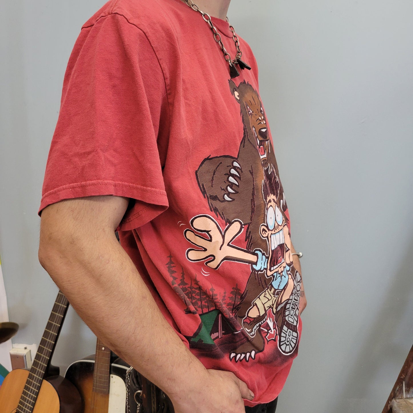 vtg 90s SCARED STIFF TSHIRT // vintage bear camp tent woods skater comic aop cartoon meme outdoors tourist crude maroon grunge punk tour