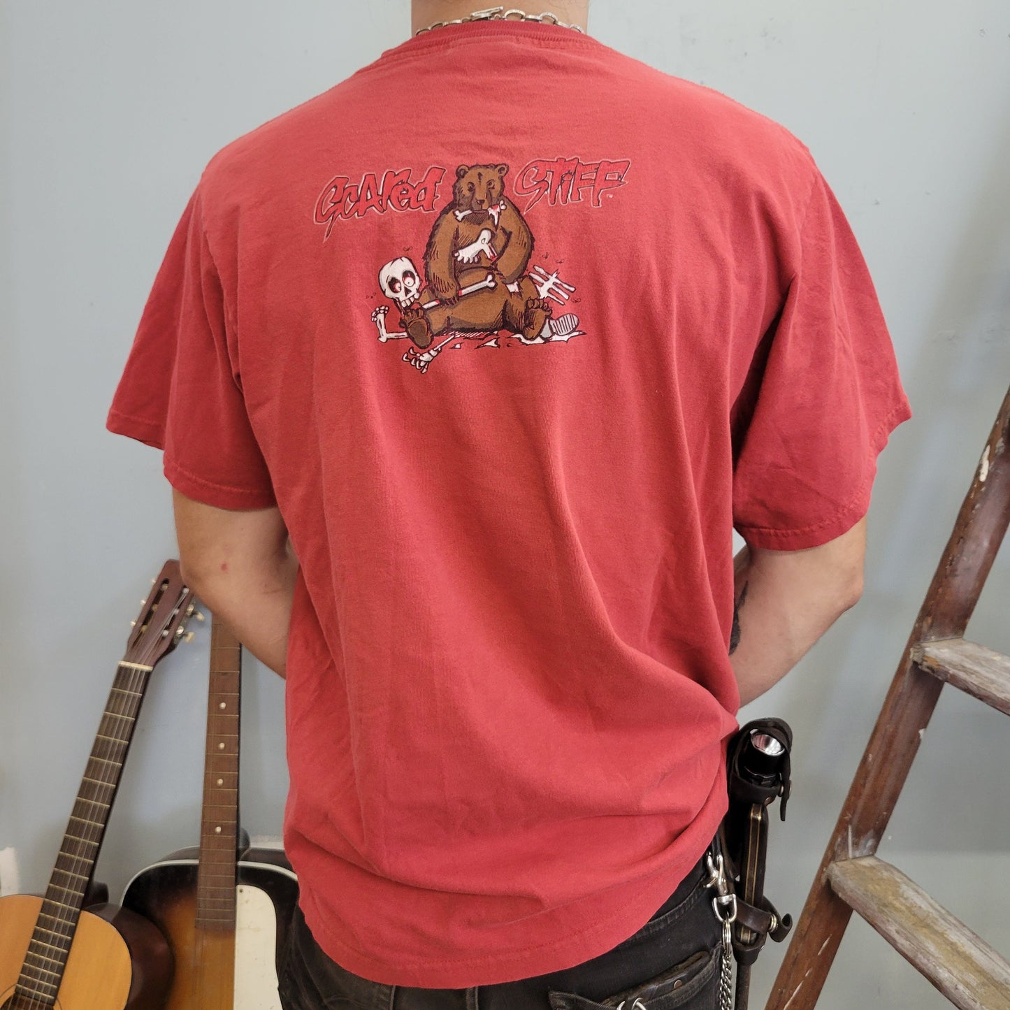 vtg 90s SCARED STIFF TSHIRT // vintage bear camp tent woods skater comic aop cartoon meme outdoors tourist crude maroon grunge punk tour