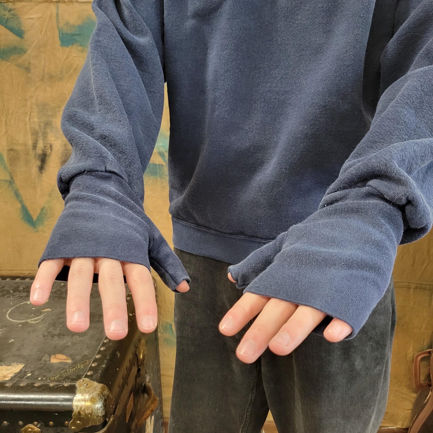 vtg 90s GLOVED handcuffs SWEATSHIRT // vintage brand style designer fashion grunge hype blue navy true fade thumb holes skater punk style