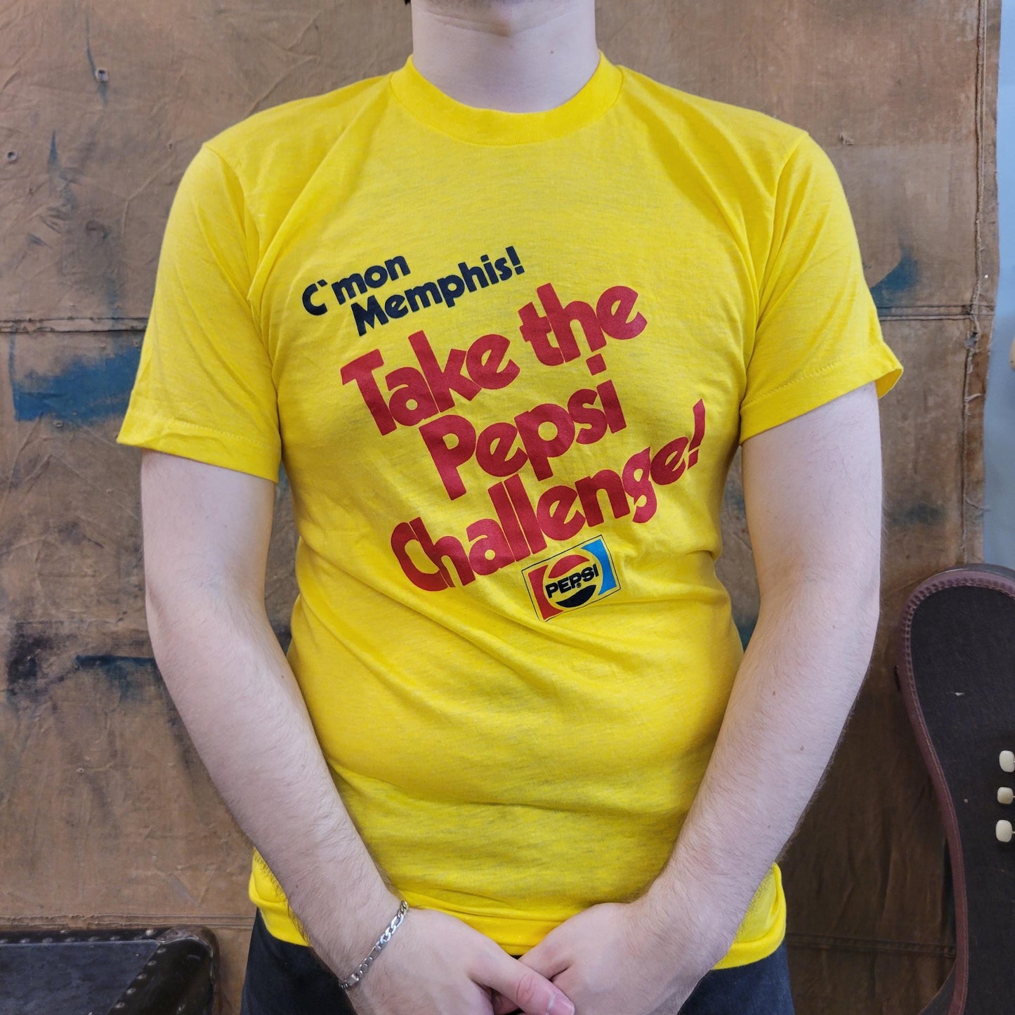 vtg 80s PEPSI CHALLENGE TSHIRT // vintage memphis coke track promo ad yellow screen stars thin event tee shirt running mtv tv era retro