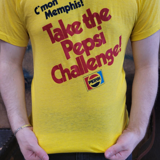 vtg 80s PEPSI CHALLENGE TSHIRT // vintage memphis coke track promo ad yellow screen stars thin event tee shirt running mtv tv era retro
