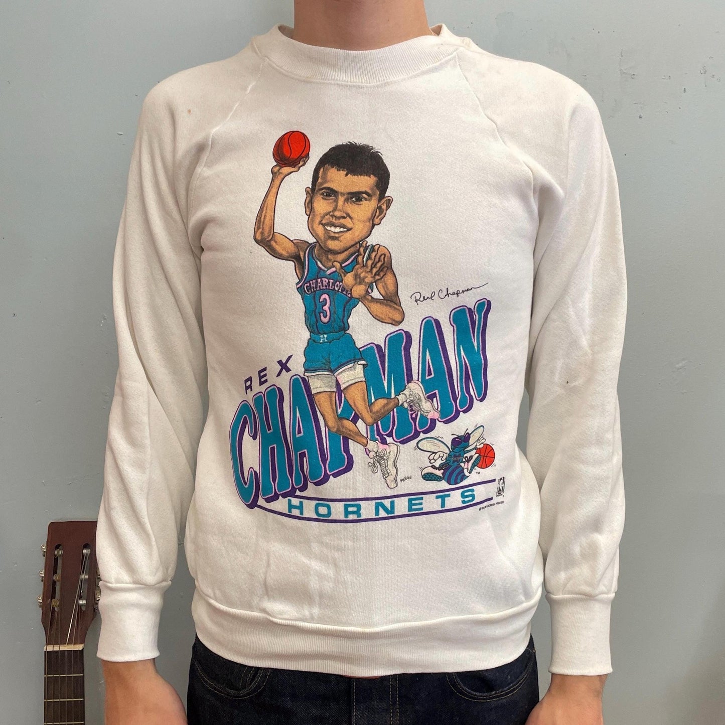 vtg 80s REX CHAPMAN SWEATSHIRT // vintage basketball hornets crewneck small stain retro kids charolette nba big head old school merch