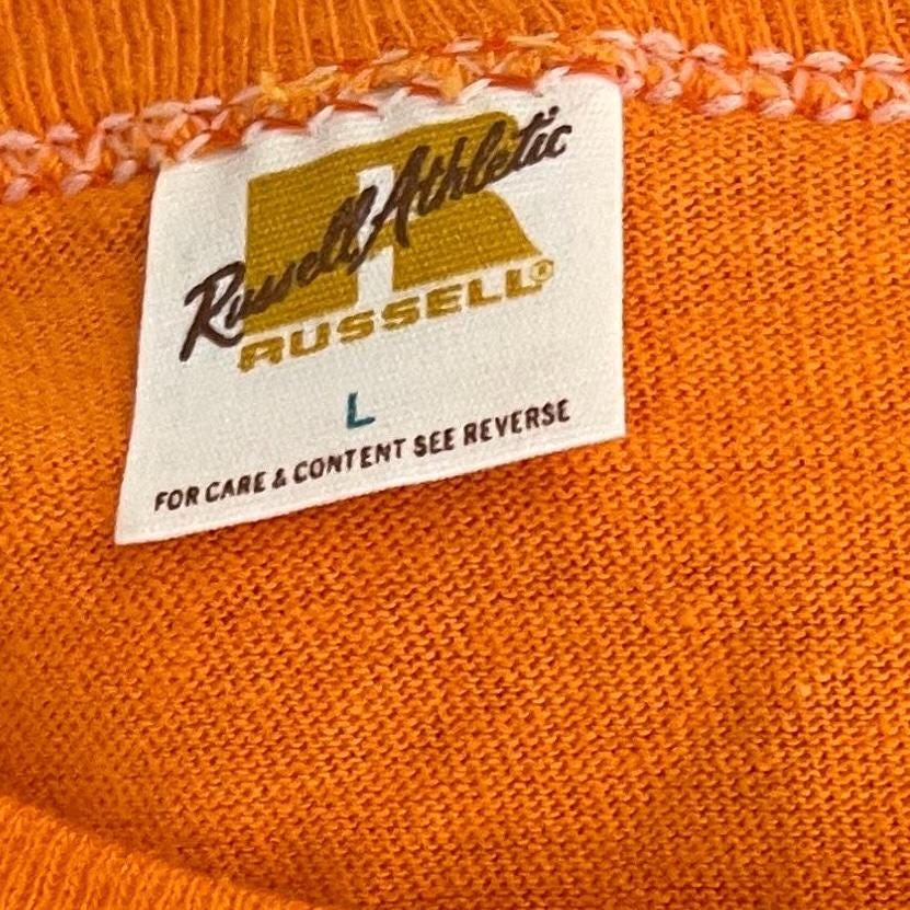 vtg 70s SWIMMING TSHIRT // vintage tee russell orange instructor life guard ocean bay watch college school swim team cross medic saftey