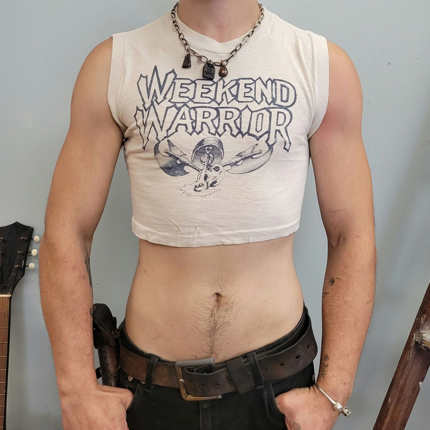 vtg 80s WEEKEND WARRIOR crop top // vintage slayer metal stranger things lost boys dungeons and dragons nerd sci-fi fantasy beer drunk femme