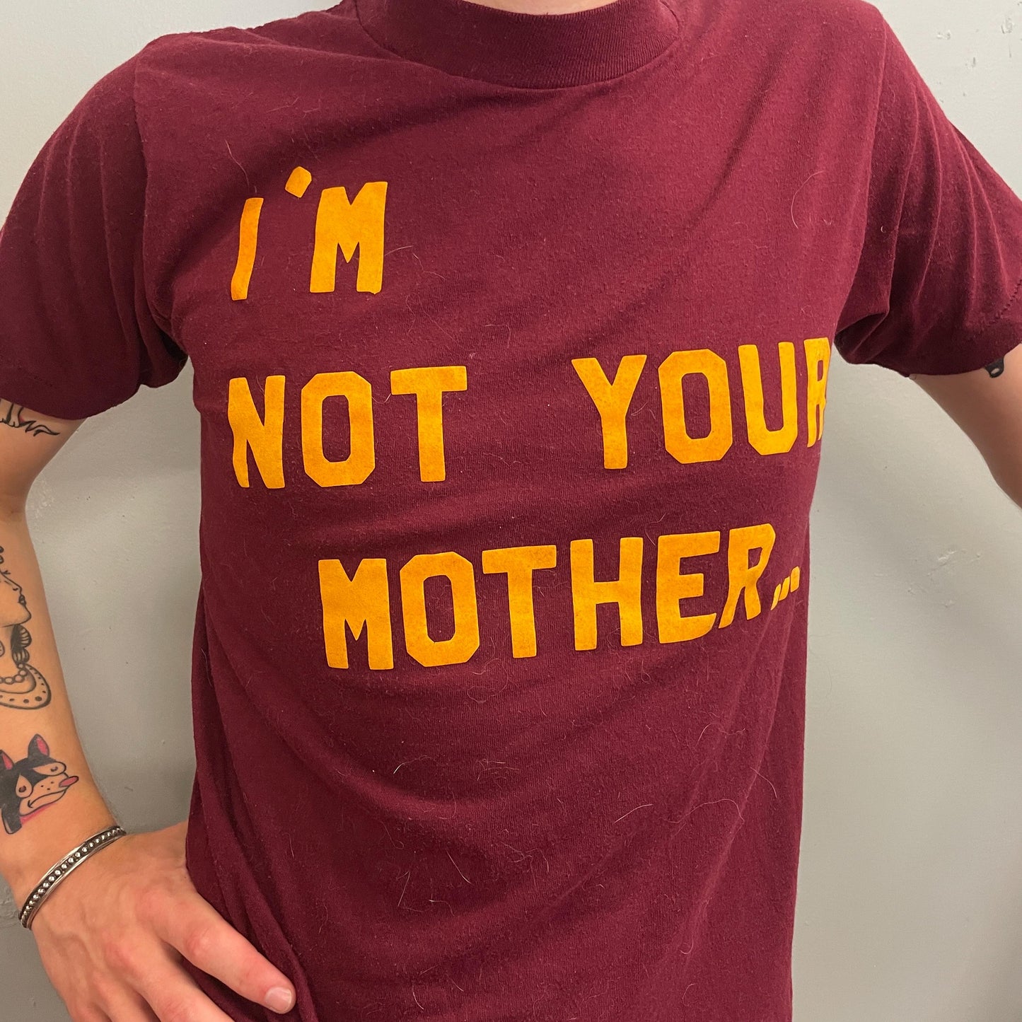 vtg 80s NOT YOUR MOTHER tshirt // vintage message statement text meme childrens book snort kids 70s fashion style trend burgandy slim tee