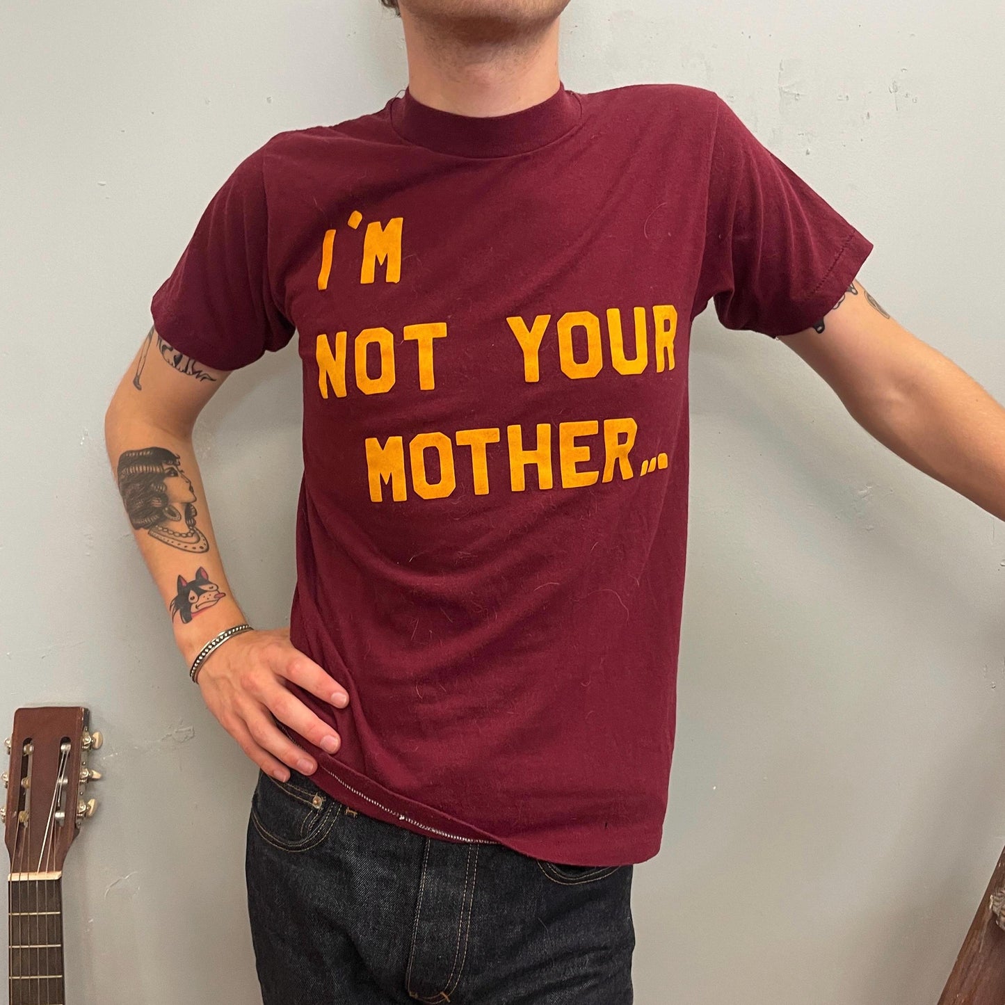 vtg 80s NOT YOUR MOTHER tshirt // vintage message statement text meme childrens book snort kids 70s fashion style trend burgandy slim tee