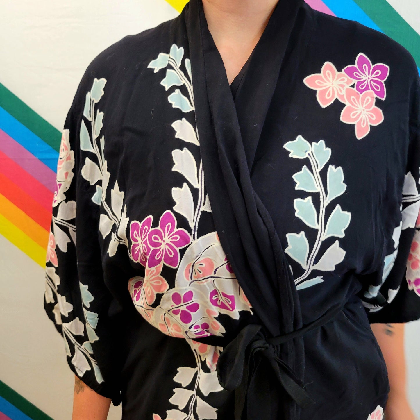 vtg 70s RAYON ROBE DRESS / belted black floral robe beach cover flowy mid length flowy lightweight summer kimono beach pajamas soft goth