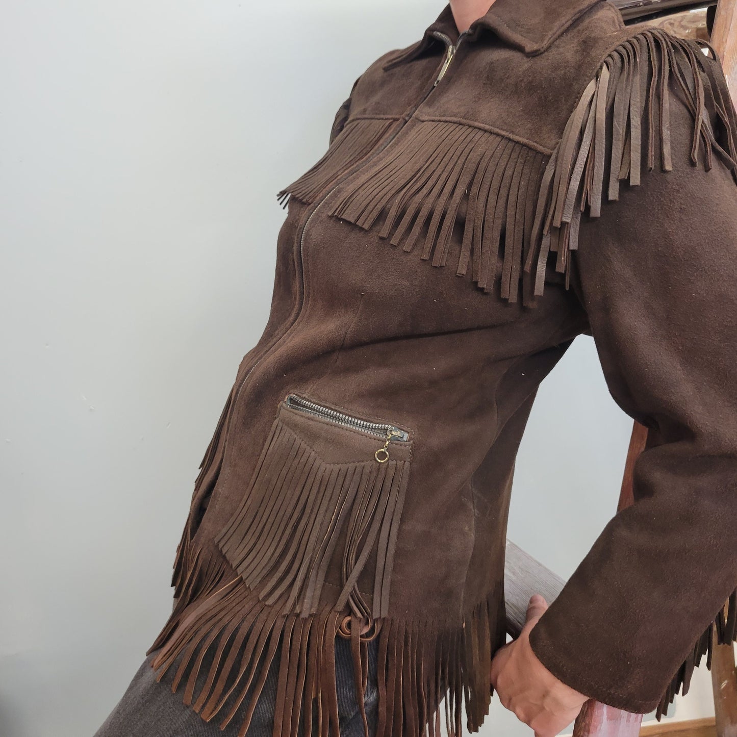 vtg 70s BUCKSKIN FRINGE TASSLE jacket // chocolate brown suede zip up hippie western ranch style motorcycle easy rider woodstock era leather