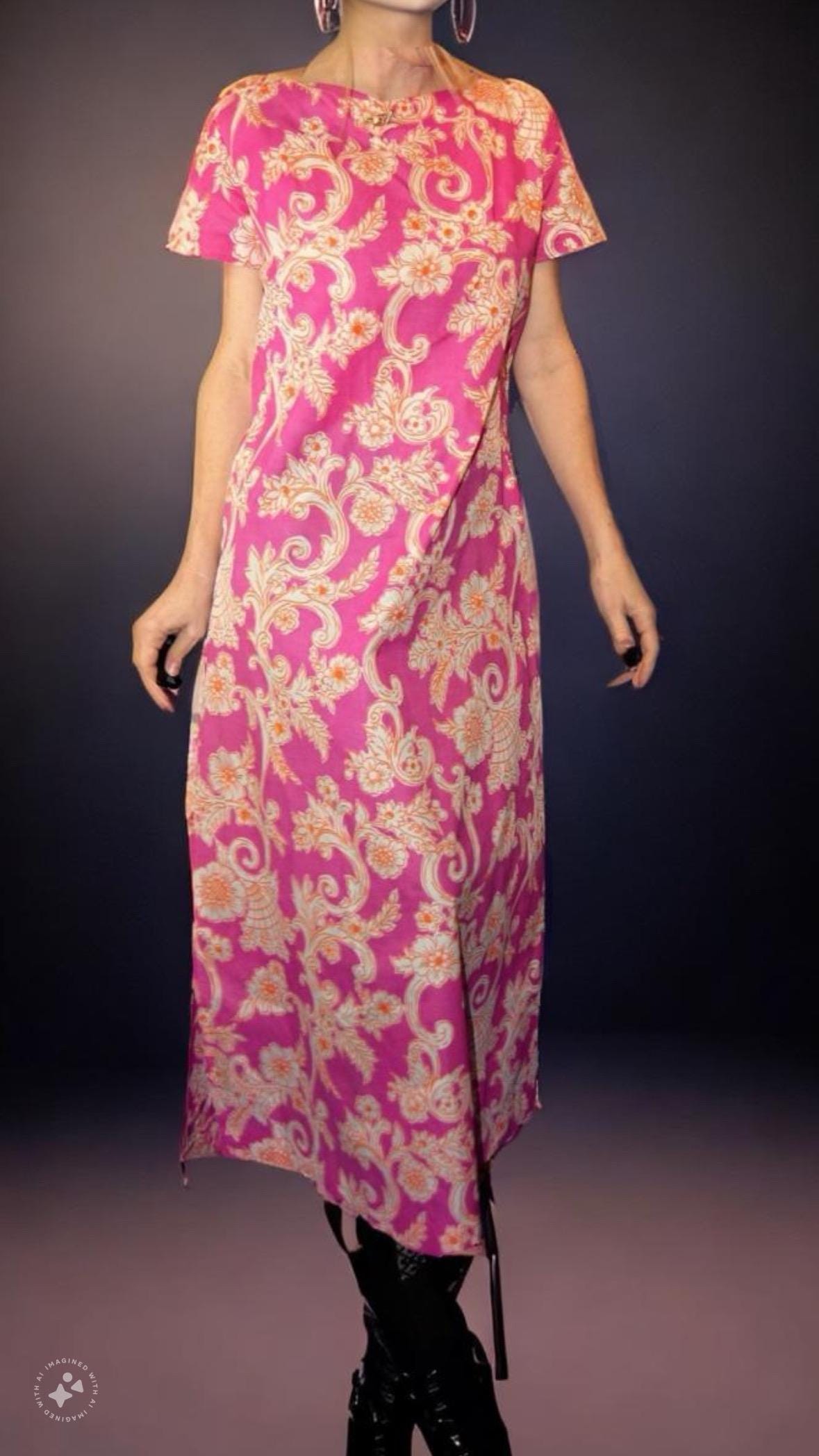vtg 70s FUCHSIA VINES FLORAL Dress // full length fancy party maxi flower power psychedelic flowy bright pink hippie mod hostess Halloween