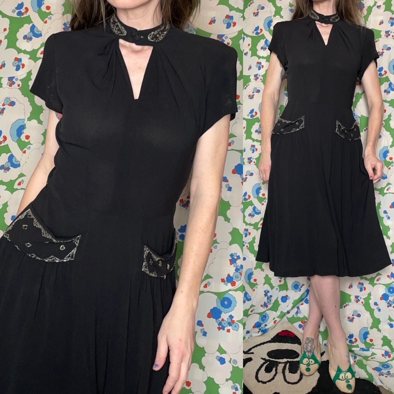 vtg 1940s COCKTAIL PARTY DRESS // inky black rayon crepe cut out beaded embellished evening dress with pockets slinky soft goth midcentury
