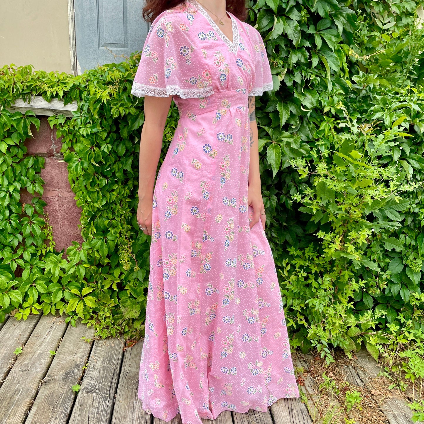 vtg 70s PINK FLUTTER SLEEVE gown // pink swiss dot cape sleeve textured pastel full length baby pink flowy hippie retro barbie fairy maxi