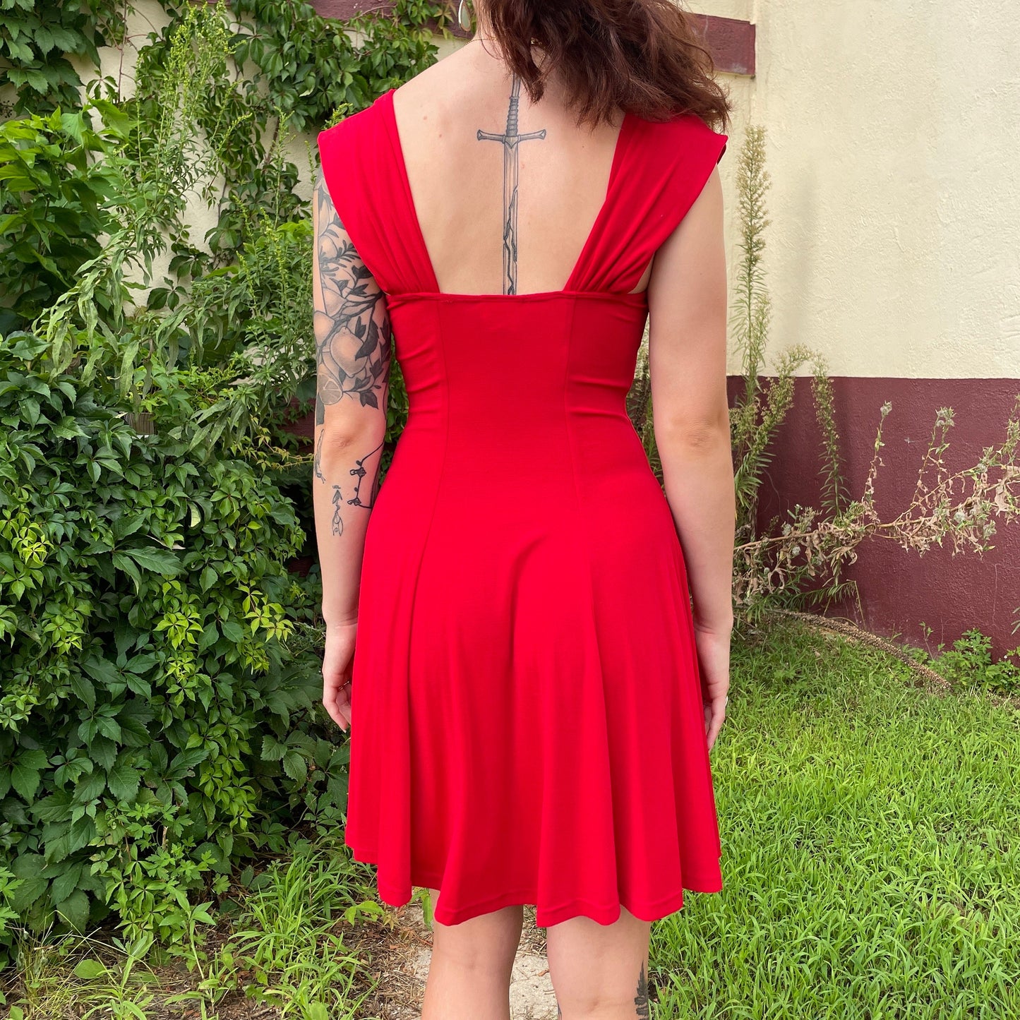 vtg 90s RED MINI DRESS // off the shoulder push up fit n flare sexy cocktail party style slinky spandex bright red special occasion gothic