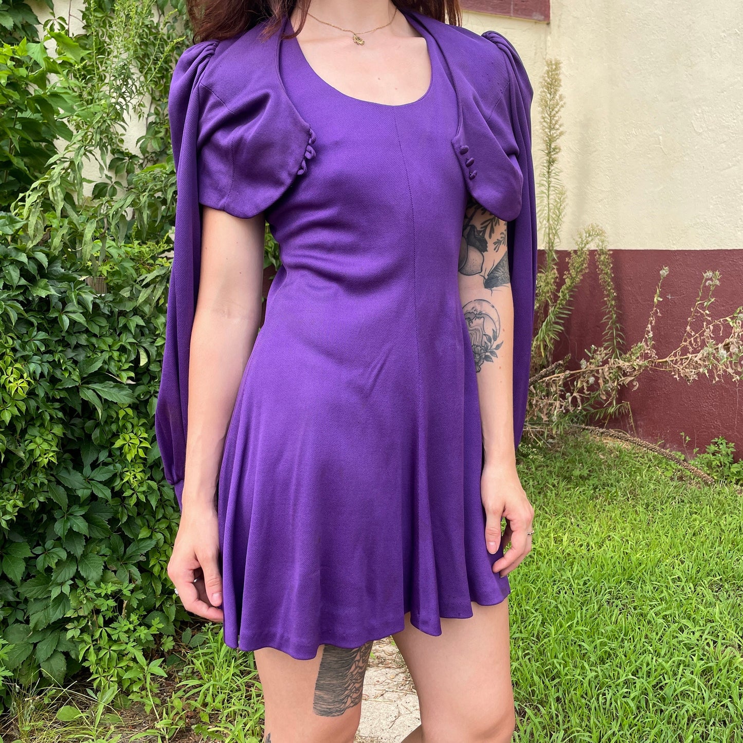 vtg 70s YOUNG INNOCENT ARPEJA Dress // stunning bright purple 2 piece bishop sleeve witchy autumn colors balloon sleeve slinky slip dress