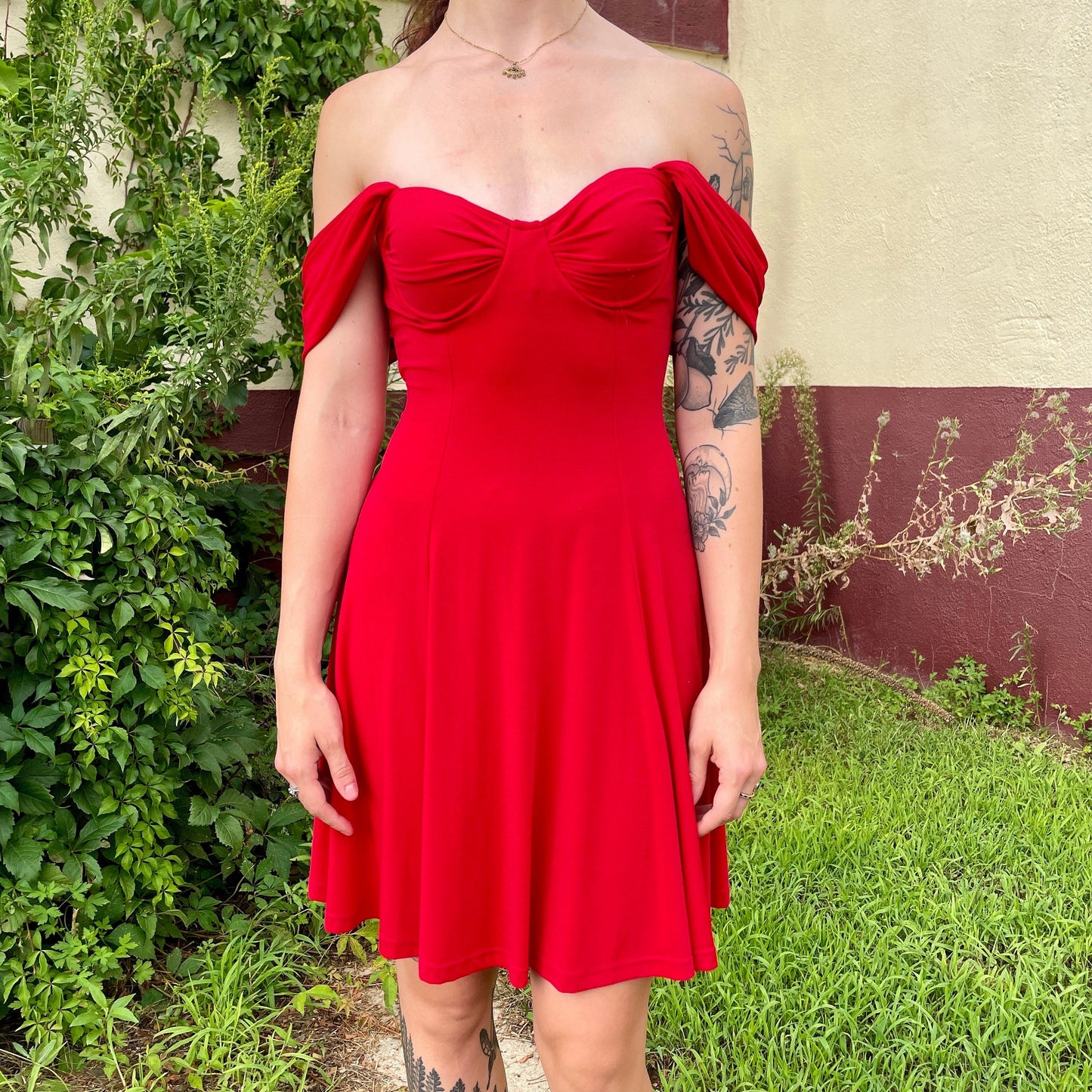 vtg 90s RED MINI DRESS // off the shoulder push up fit n flare sexy cocktail party style slinky spandex bright red special occasion gothic