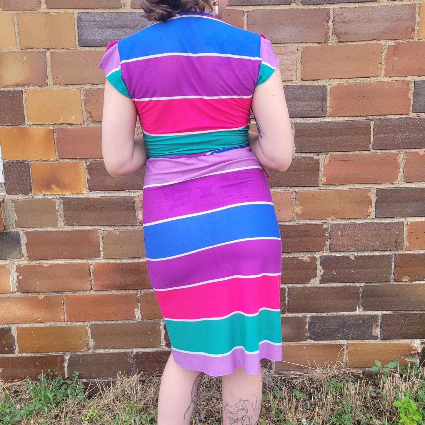 vtg 80s STRIPED COLORFUL DRESS // deep vee belted knee length neon wild psychedelic retro party summer fall roller disco barbie pink mauve