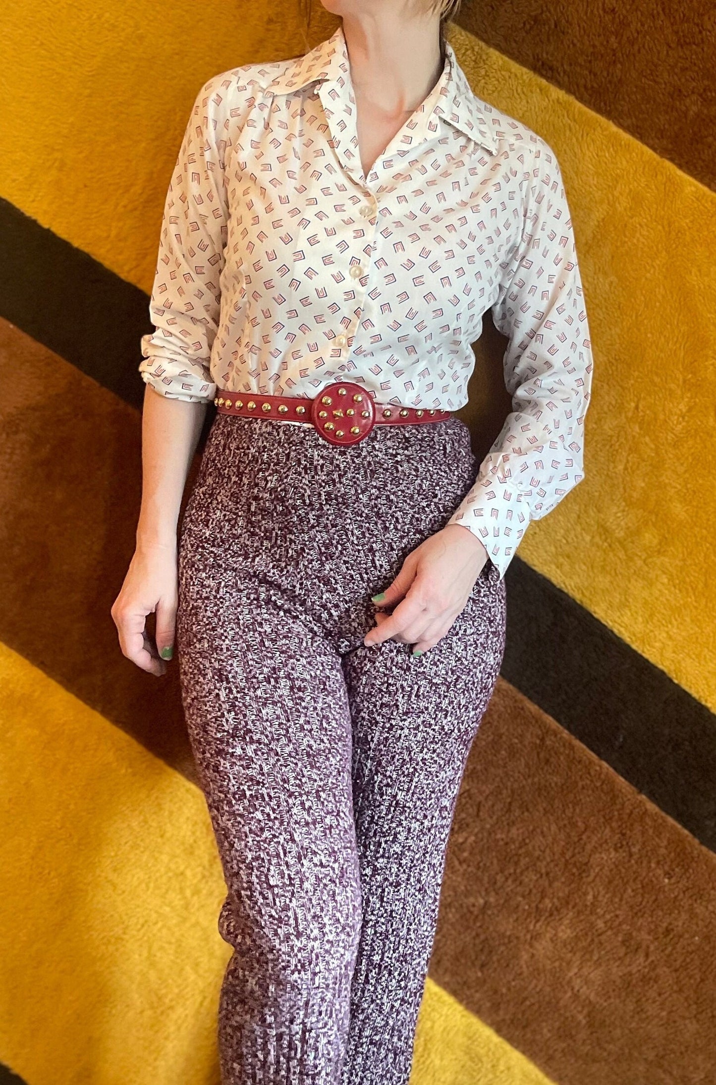 vtg 70s PATTERNED BODYSUIT TOP // vintage pointy collar one piece unitard disco poly d'armigene new york blouse abstract atomic print shirt