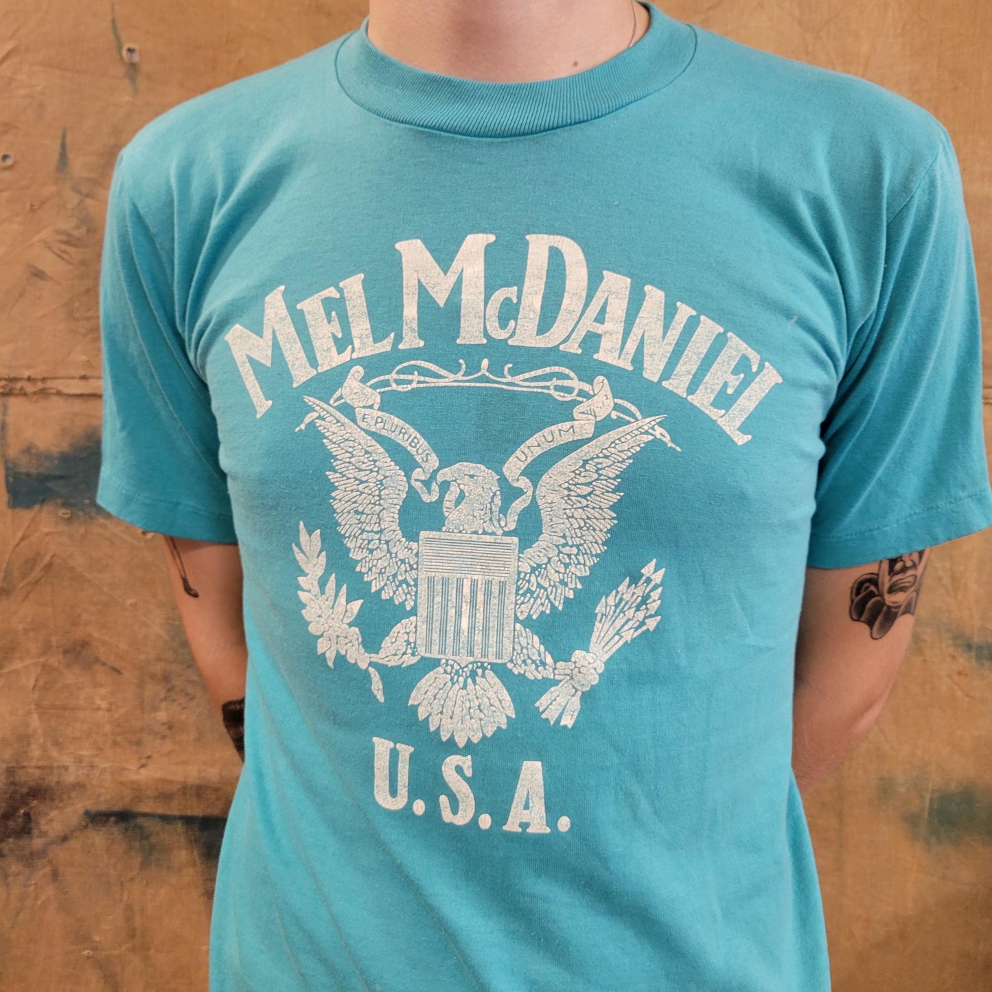 vtg 80s MEL MCDANIEL USA tshirt // vintage usa eagle ocean light blue country western texas outlaw true old style thin tour concert tee