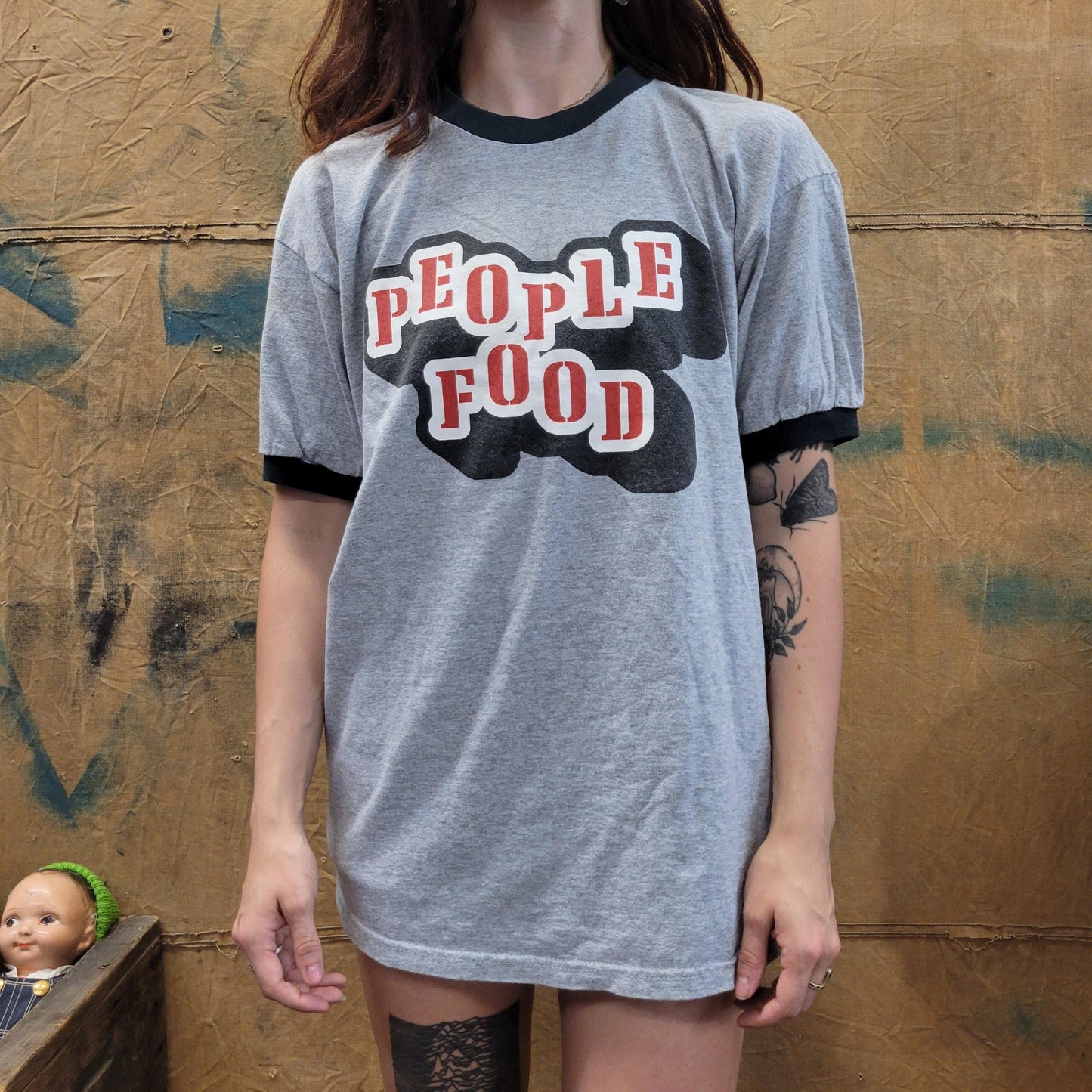 vtg 90s PEOPLE FOOD TSHIRT // vintage ringer anvil band animals campy bubble print text words phrase grey era pop punk slang funny toke