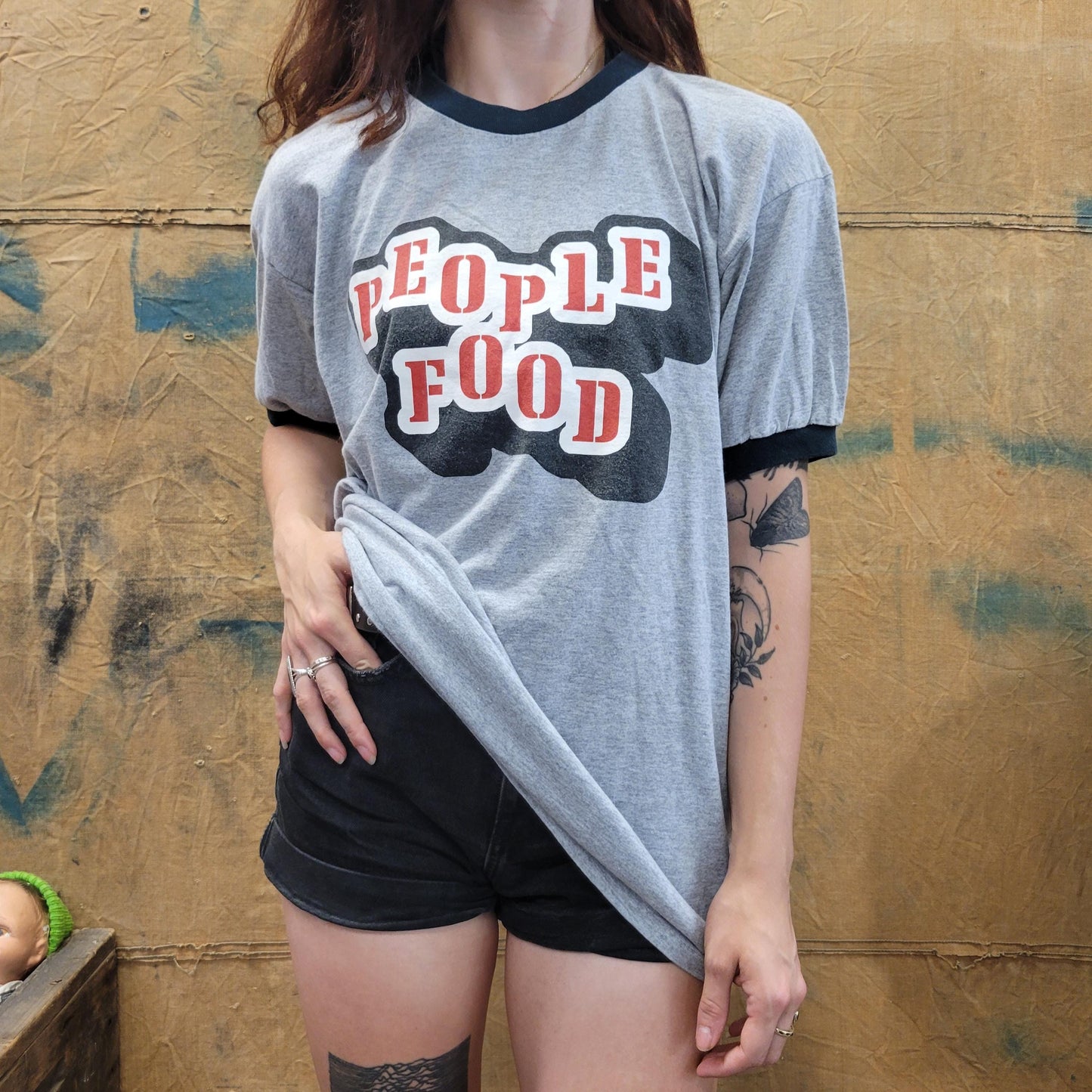 vtg 90s PEOPLE FOOD TSHIRT // vintage ringer anvil band animals campy bubble print text words phrase grey era pop punk slang funny toke