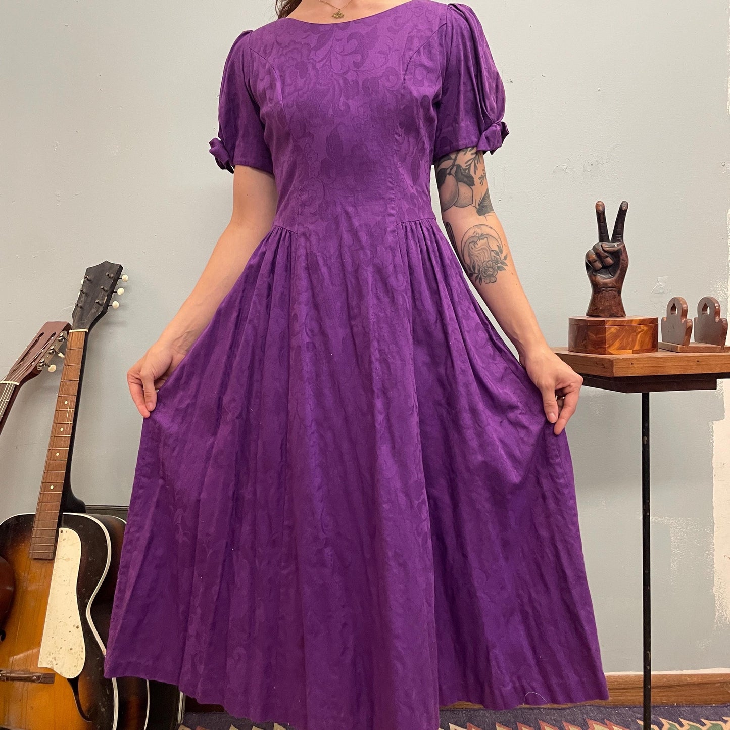 vtg 80s LANZ ORIGINALS DRESS // patterned puff sleeve poofy brocade preppy royal purple cotton button back day dress modest garden cottage