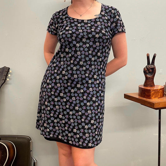 vtg 90s FLORAL MINI DRESS // slinky a line mini dress flower power bouncy metallic purple little black dress