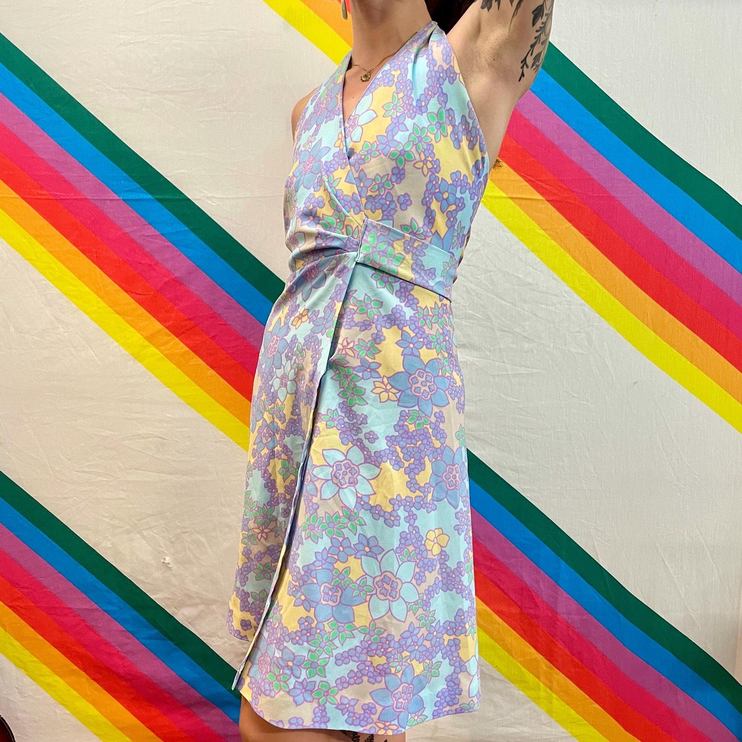vtg 70s FLORAL HALTER WRAP dress // pastel flower power v neck wrap around lightweight flowy midi handmade retro bright pink & blue sexy