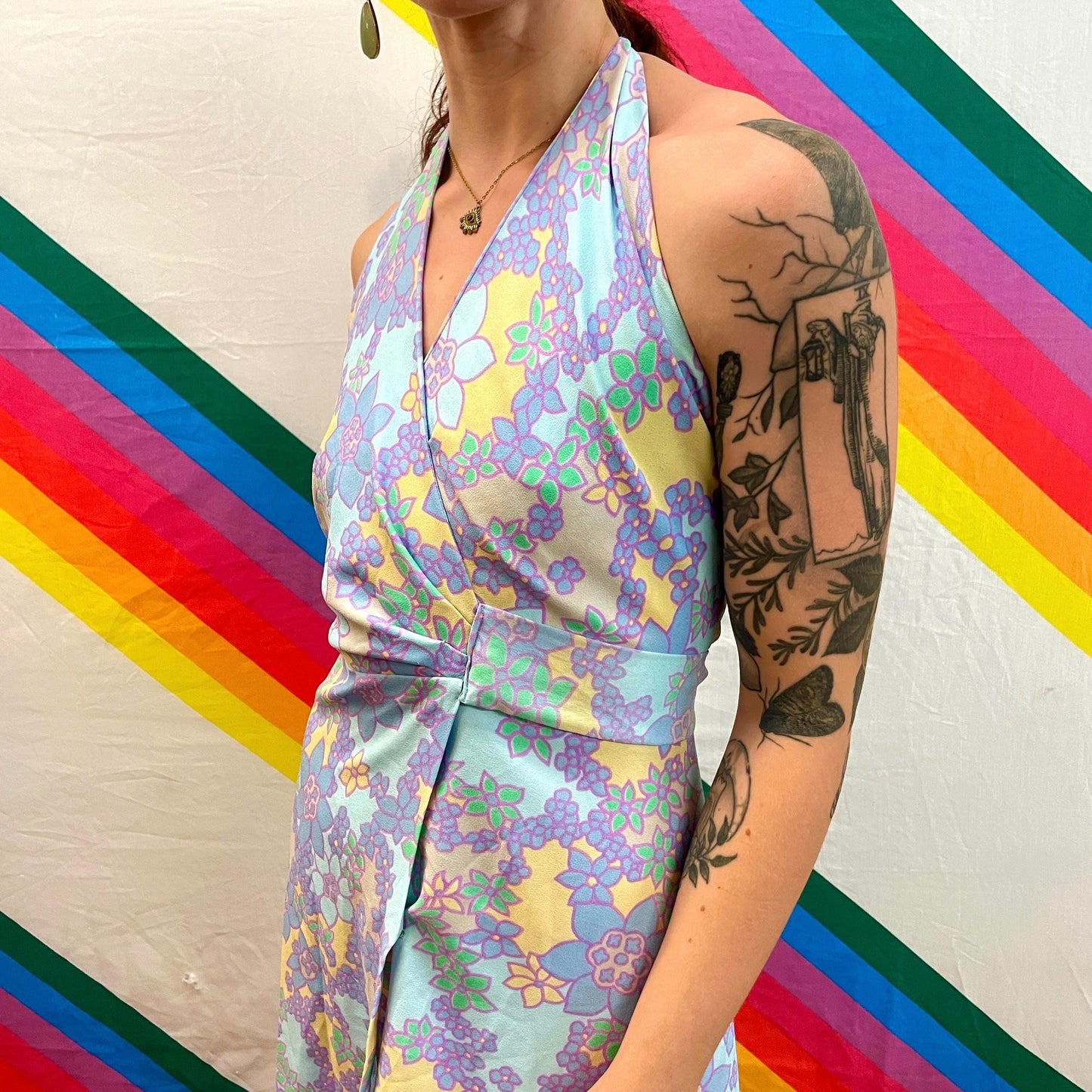 vtg 70s FLORAL HALTER WRAP dress // pastel flower power v neck wrap around lightweight flowy midi handmade retro bright pink & blue sexy