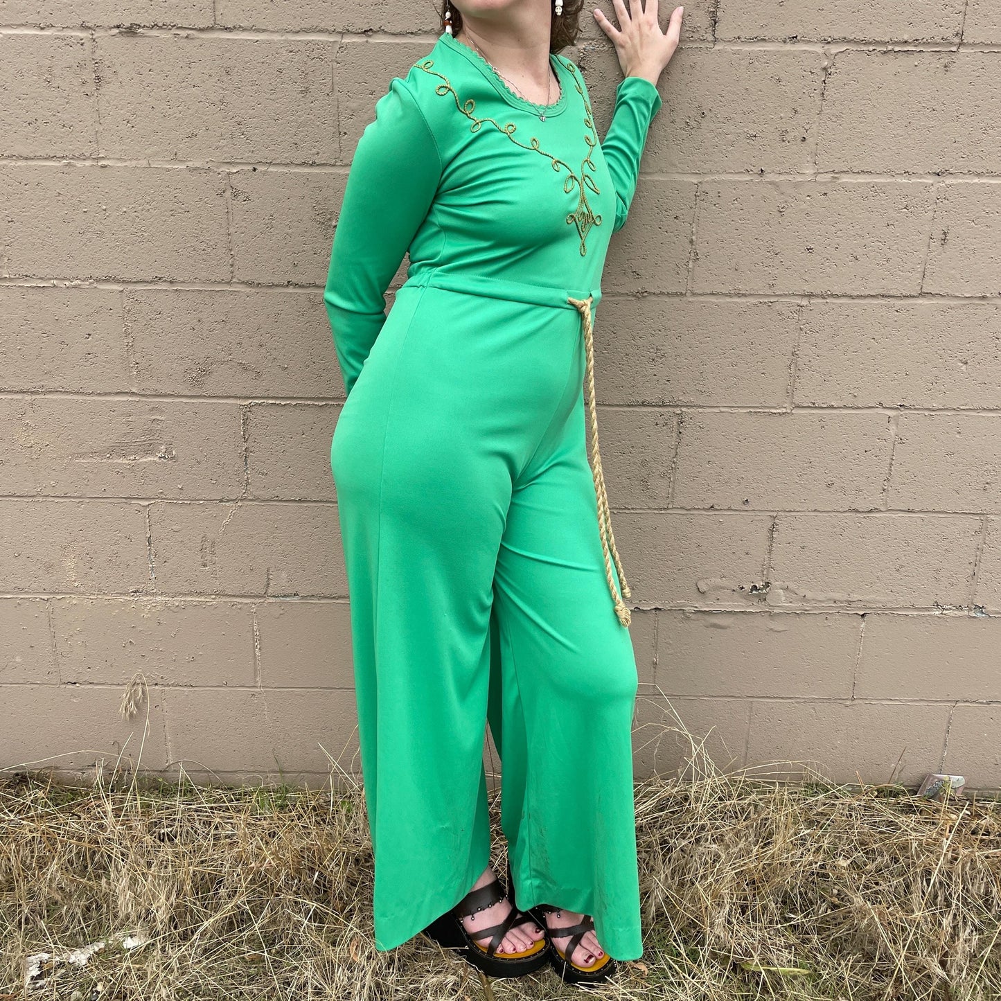 vtg 70s GREEN JUMPSUIT // embroidered flare leg belted pantsuit hostess halloween party shrek fiona funky loud statement piece bell bottoms