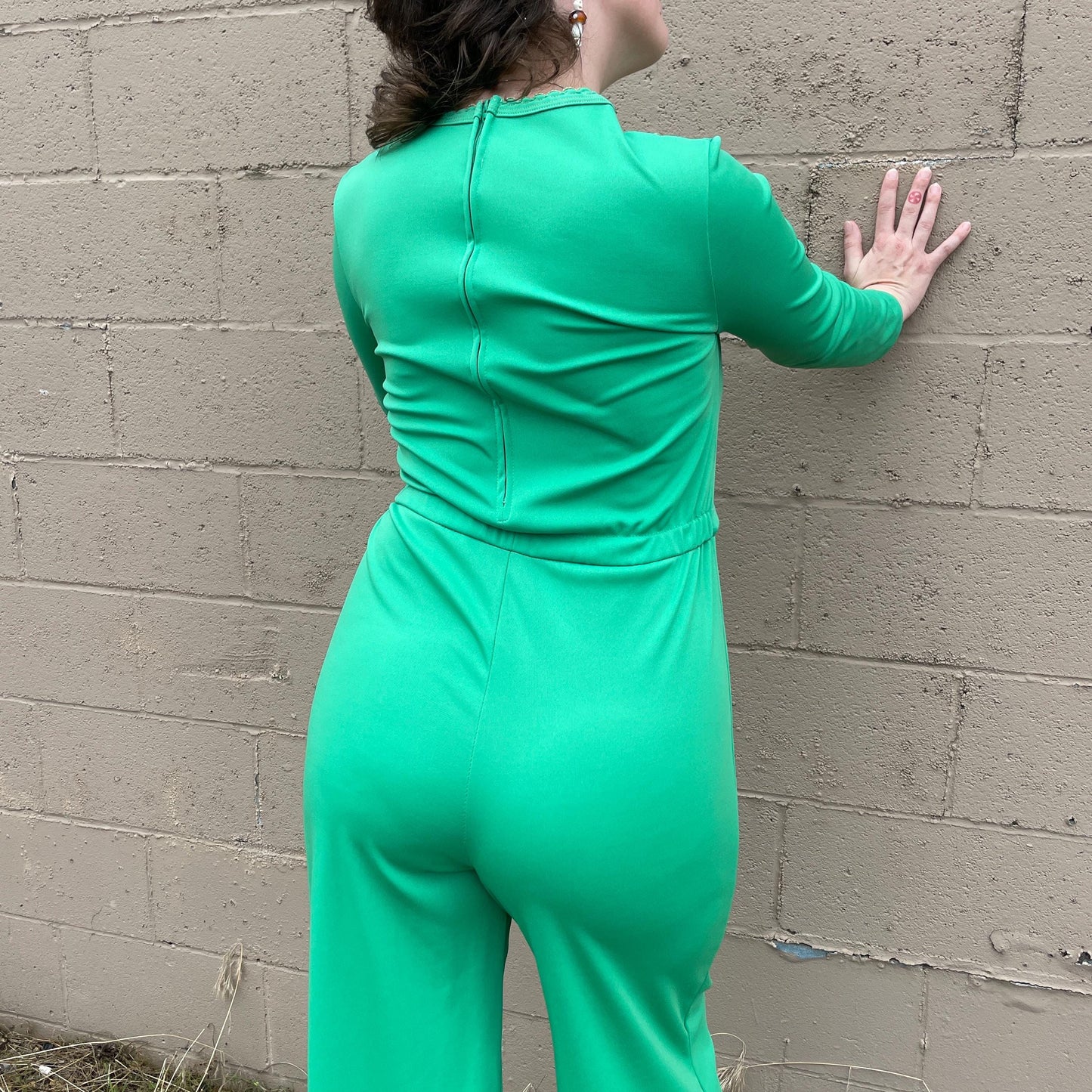 vtg 70s GREEN JUMPSUIT // embroidered flare leg belted pantsuit hostess halloween party shrek fiona funky loud statement piece bell bottoms