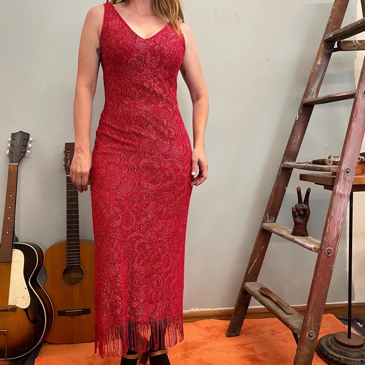 vtg 90s RED GLITTER FRINGE dress // sparkly silver beaded slinky tank evening gown dinner party retro 70s style