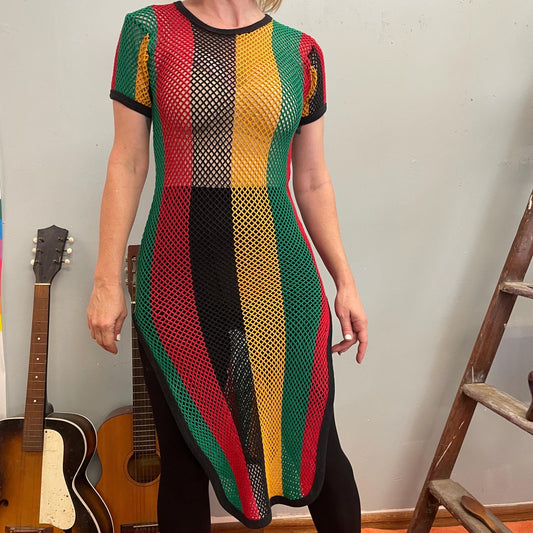 vtg Y2K RAGGAE CROCHET DRESS // 90s mesh beach cover up striped knit sexy Rasta hippie stoner see through maxi retro soccer sporty style