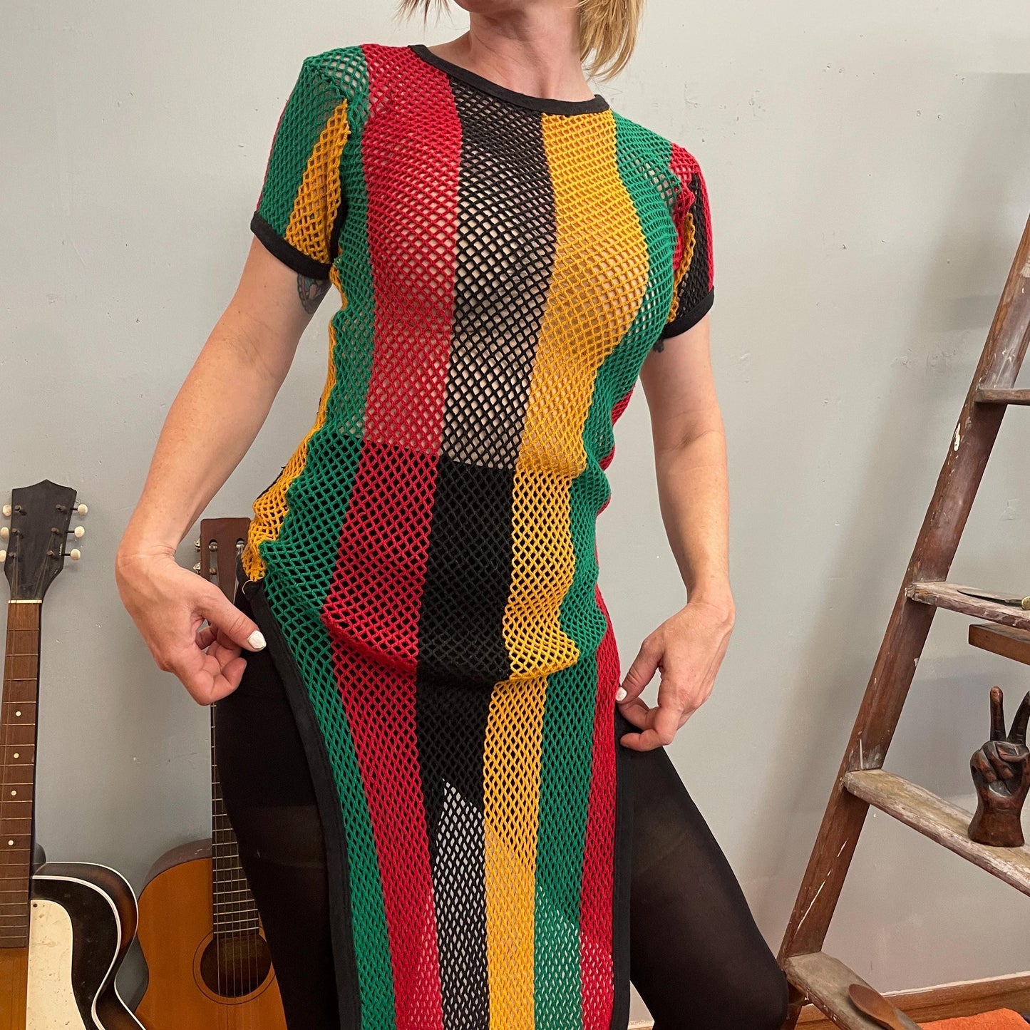 vtg Y2K RAGGAE CROCHET DRESS // 90s mesh beach cover up striped knit sexy Rasta hippie stoner see through maxi retro soccer sporty style