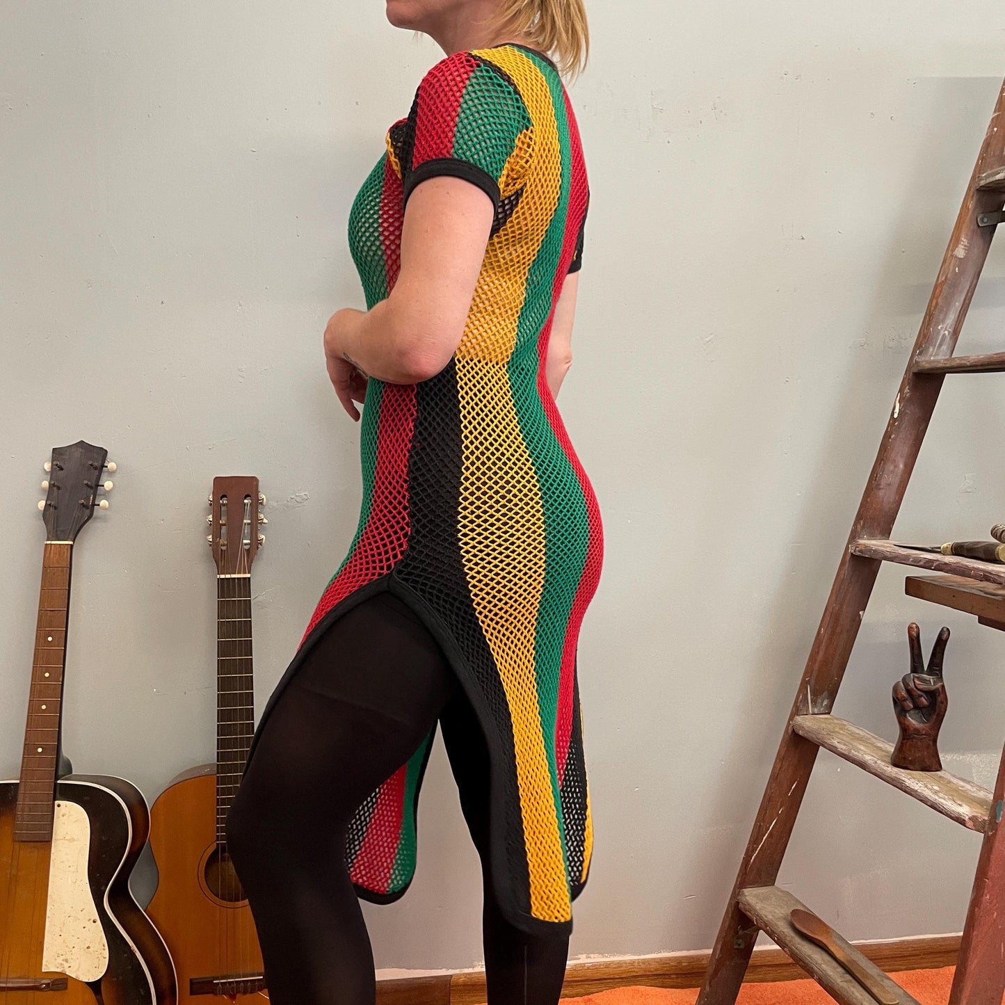 vtg Y2K RAGGAE CROCHET DRESS // 90s mesh beach cover up striped knit sexy Rasta hippie stoner see through maxi retro soccer sporty style