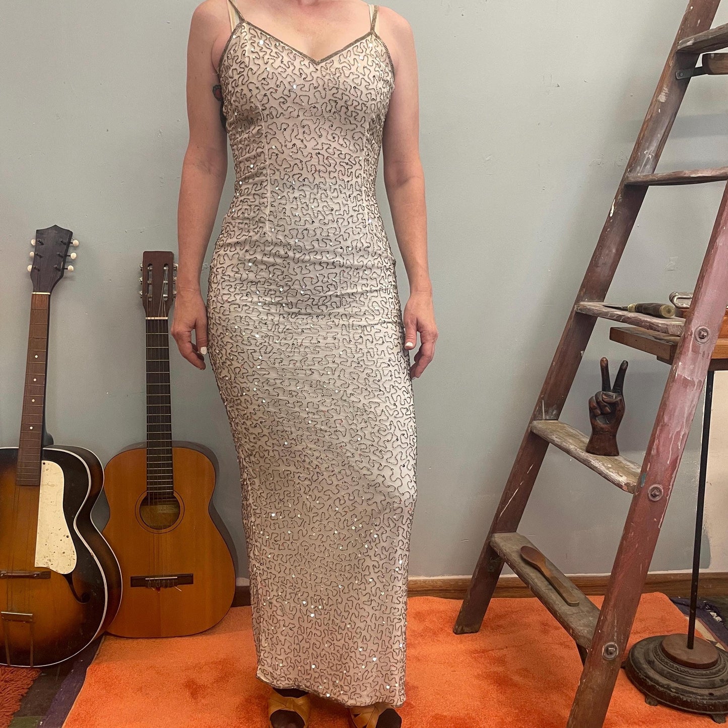 vtg 90s BEADED FORMAL DRESS // embellished abstract sequin long sexy shelf bust fancy gown silver fairy asymmetrical sparkly glitter