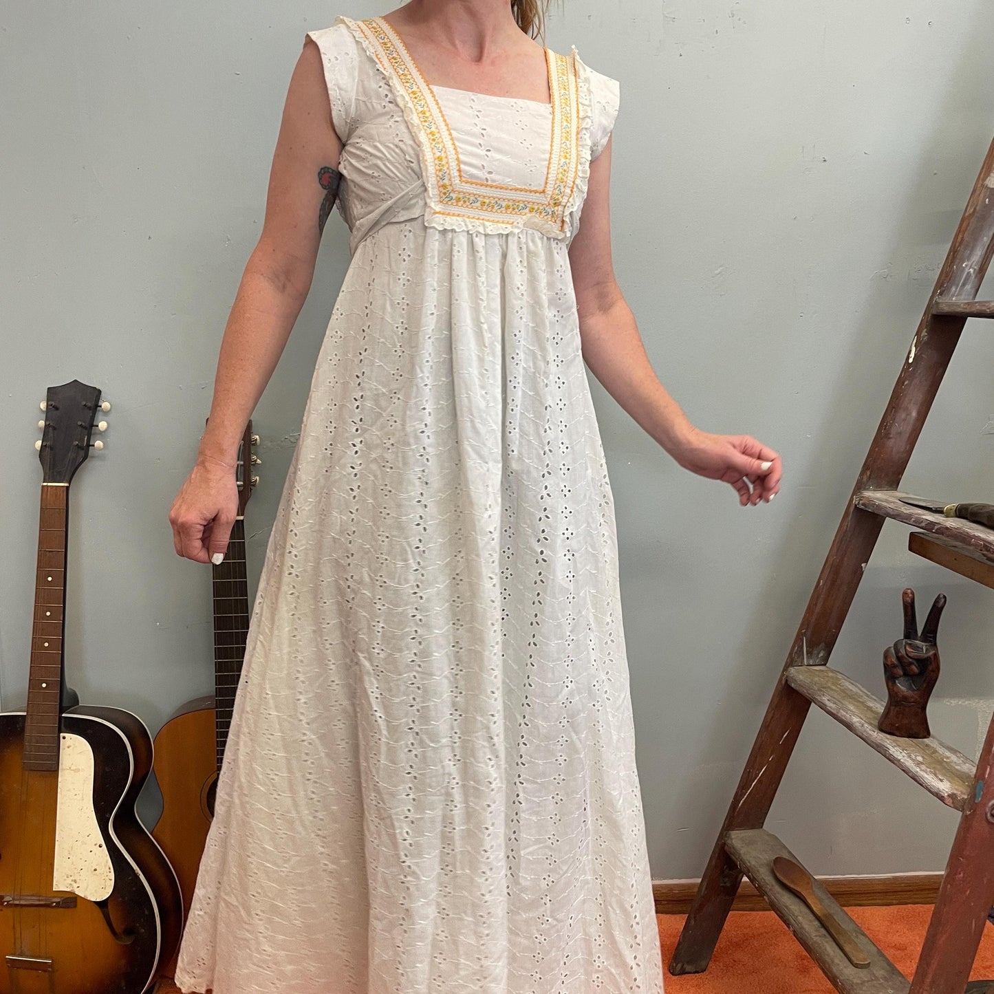 vtg 70s PRAIRIE MAXI DRESS // eyelet lace cotton gunne sax style hippie boho peasant renaissance maiden goddess summer fall tank full length