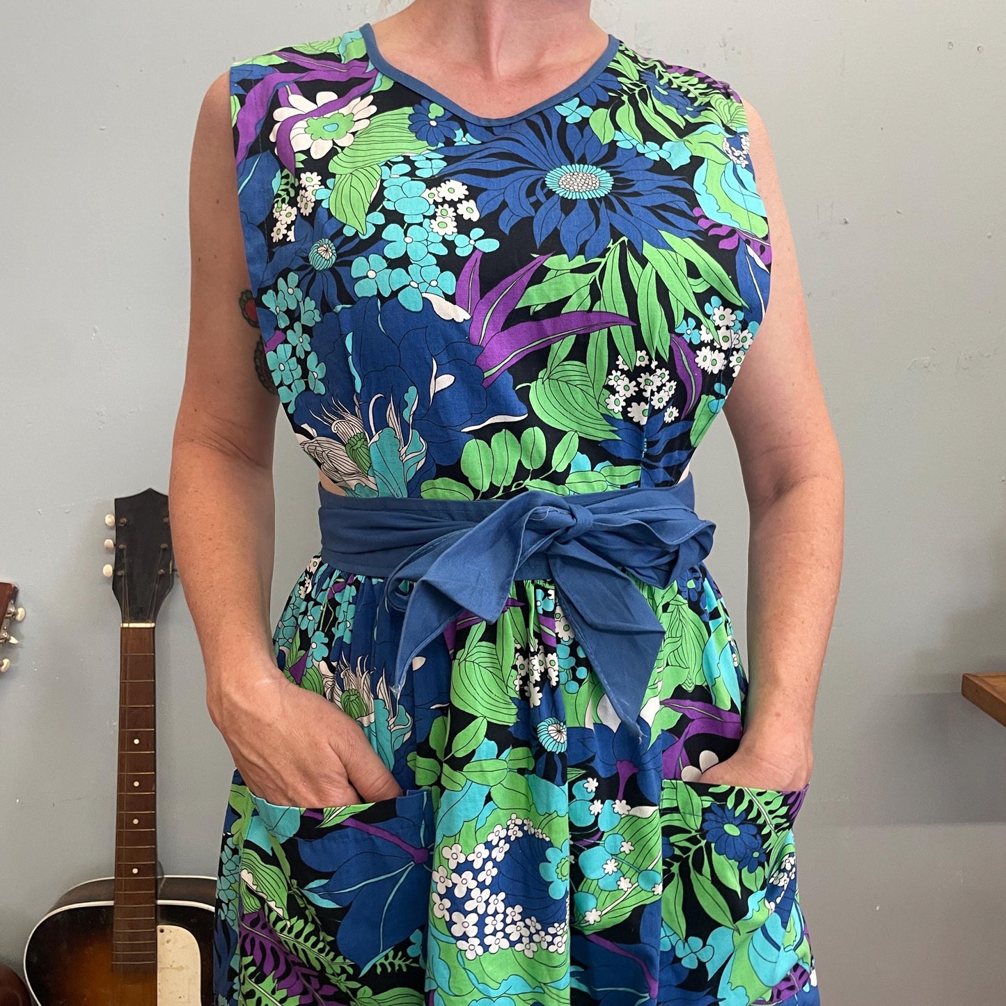 vtg 70s FLORAL APRON DRESS // Design House bright blue ruffle bib maxi wrap dress flower power neon mod hippie prairie peasant ren fair