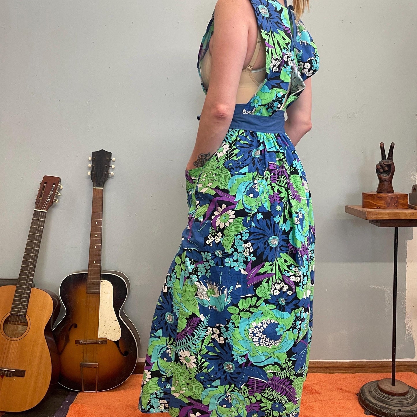vtg 70s FLORAL APRON DRESS // Design House bright blue ruffle bib maxi wrap dress flower power neon mod hippie prairie peasant ren fair
