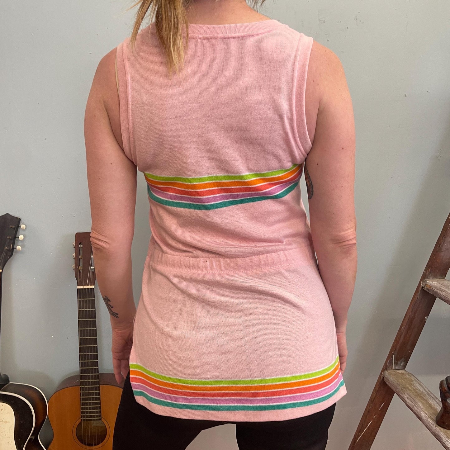 vtg 90s STRIPED MINI DRESS / baby pink 70s retro color way cinch belt side slits micro mini beach dress cover up 90s does 70s roller disco