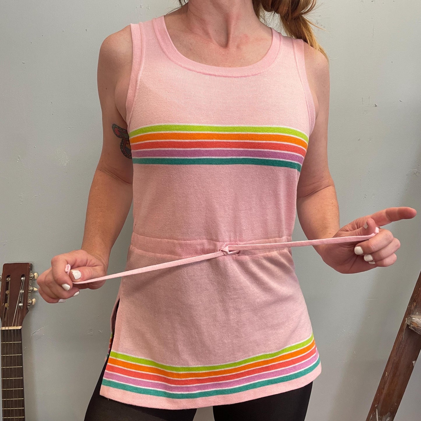 vtg 90s STRIPED MINI DRESS / baby pink 70s retro color way cinch belt side slits micro mini beach dress cover up 90s does 70s roller disco