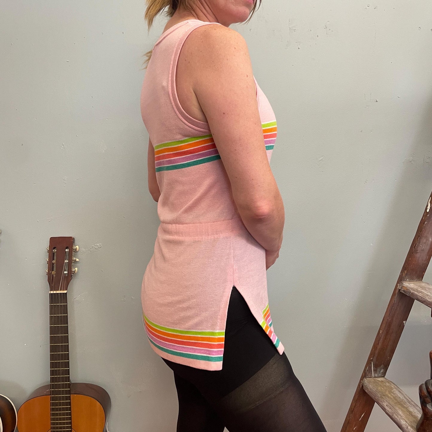 vtg 90s STRIPED MINI DRESS / baby pink 70s retro color way cinch belt side slits micro mini beach dress cover up 90s does 70s roller disco