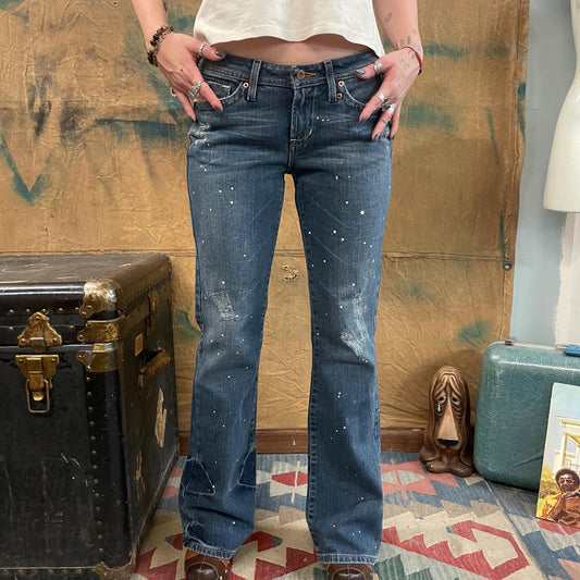 vtg y2k GOLD SPLATTER JEANS // vintage low rise straight leg boot cut mean girls bling worn stone wash denim hip huggers bell bottoms brat