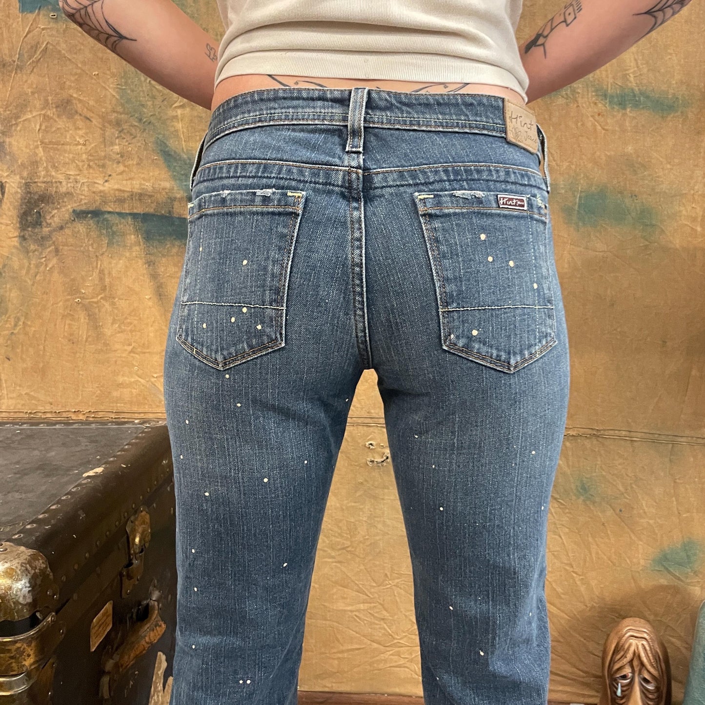 vtg y2k GOLD SPLATTER JEANS // vintage low rise straight leg boot cut mean girls bling worn stone wash denim hip huggers bell bottoms brat
