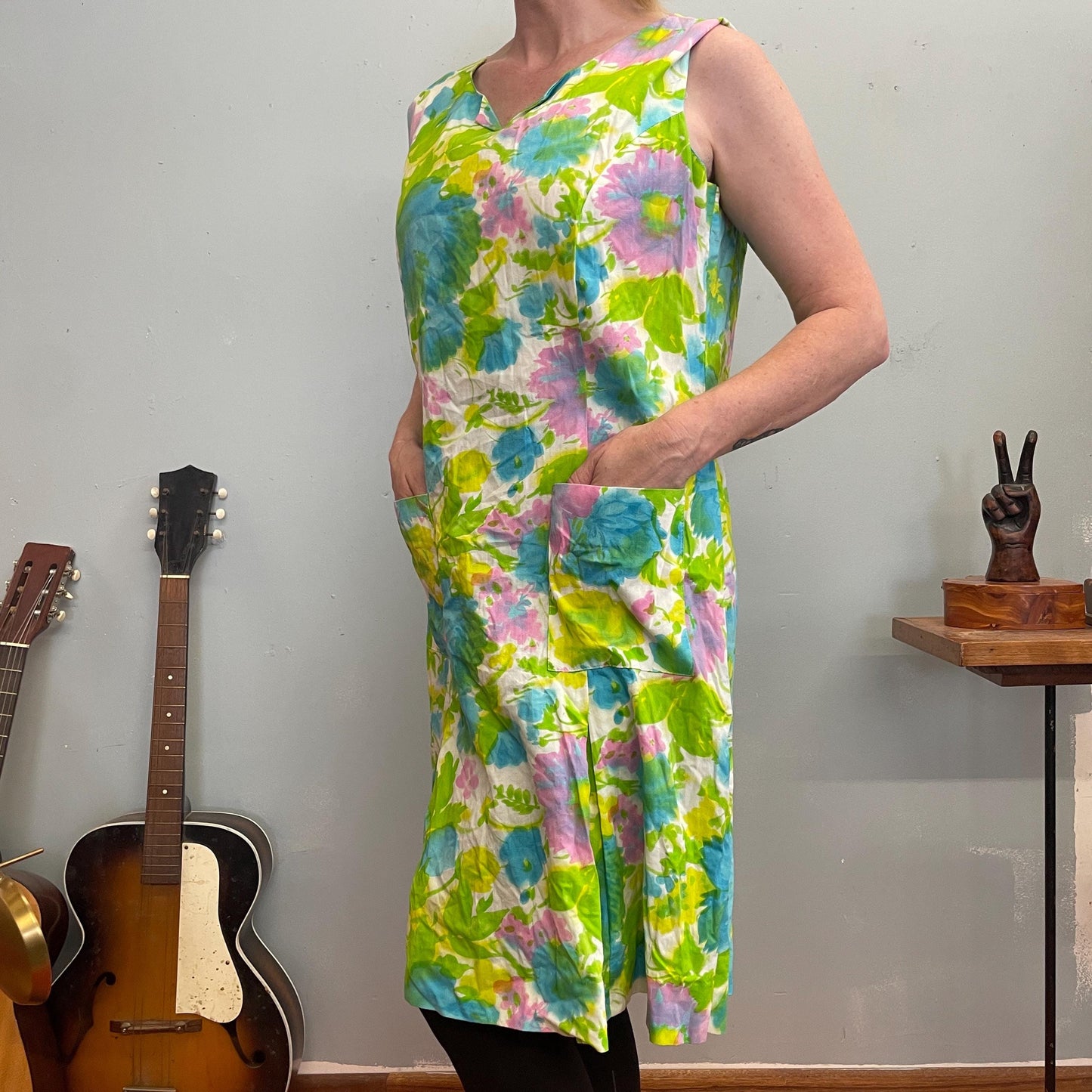 vtg 60s PASTEL FLORAL DRESS // soft rayon cotton watercolor pocket shift dress neon green mod retro flower power smock pleated mini scooter
